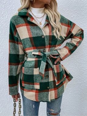 Papillon Green Plaid Flannel Fall Jacket Coat Shacket Belt Pockets size Small